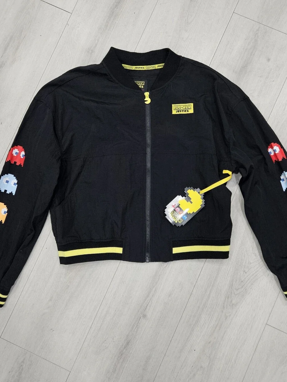 Justice Pac-Man Mini Bomber Jacket Wind Breaker Appliques Girls XL 16/18 NWT